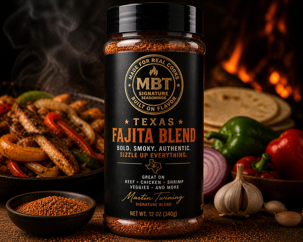Untitled MBT Texas Fajita Blend seasoning bottle with sizzling fajitas background
