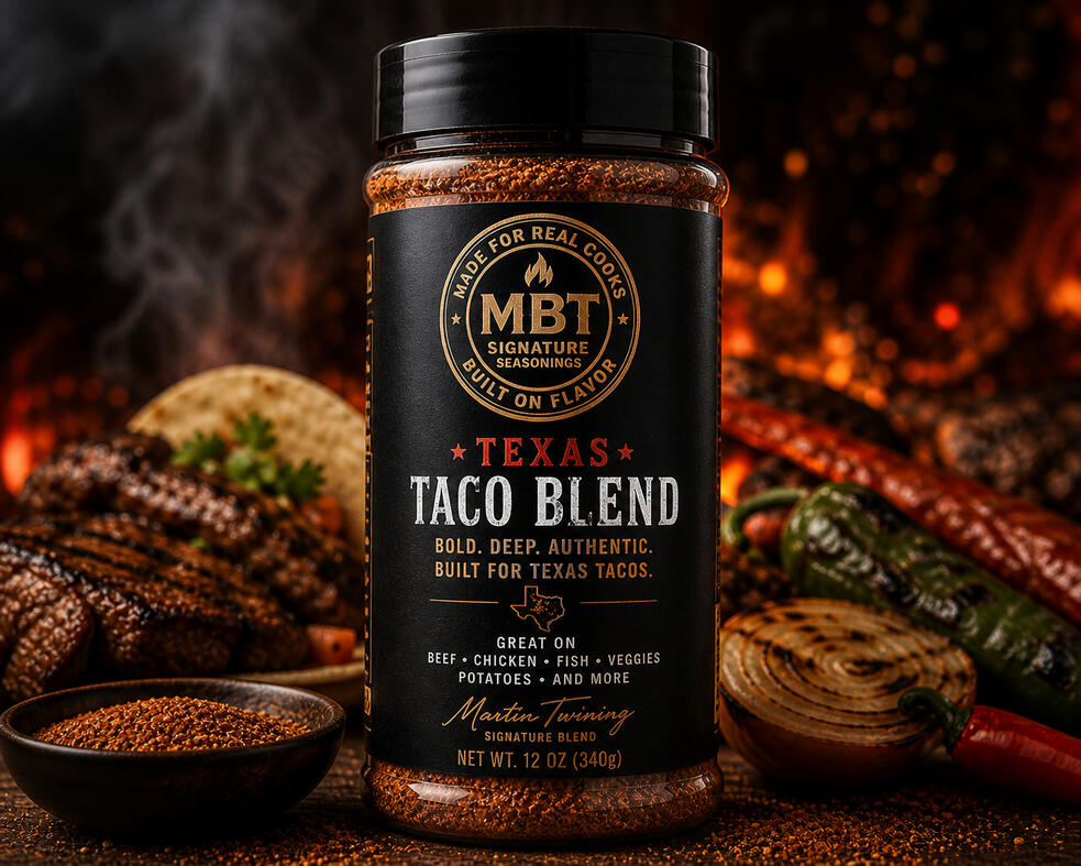 MBT Texas Taco Blend seasoning bottle with tacos and skillet meat background