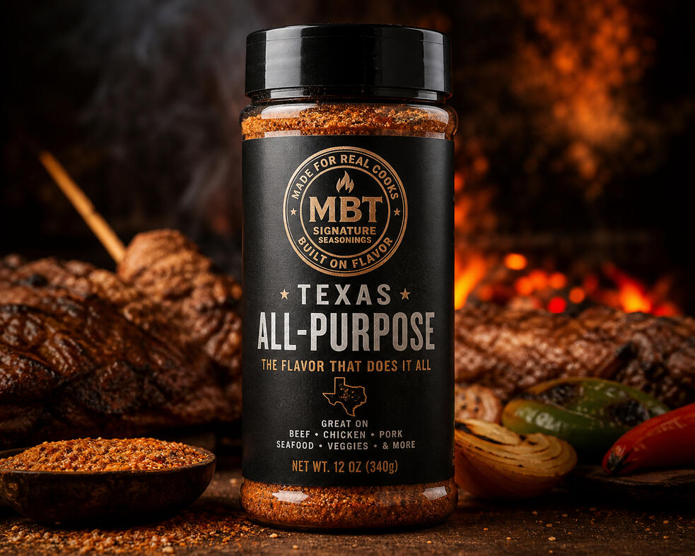 MBT Texas All-Purpose seasoning bottle with grilled chicken and vegetables background